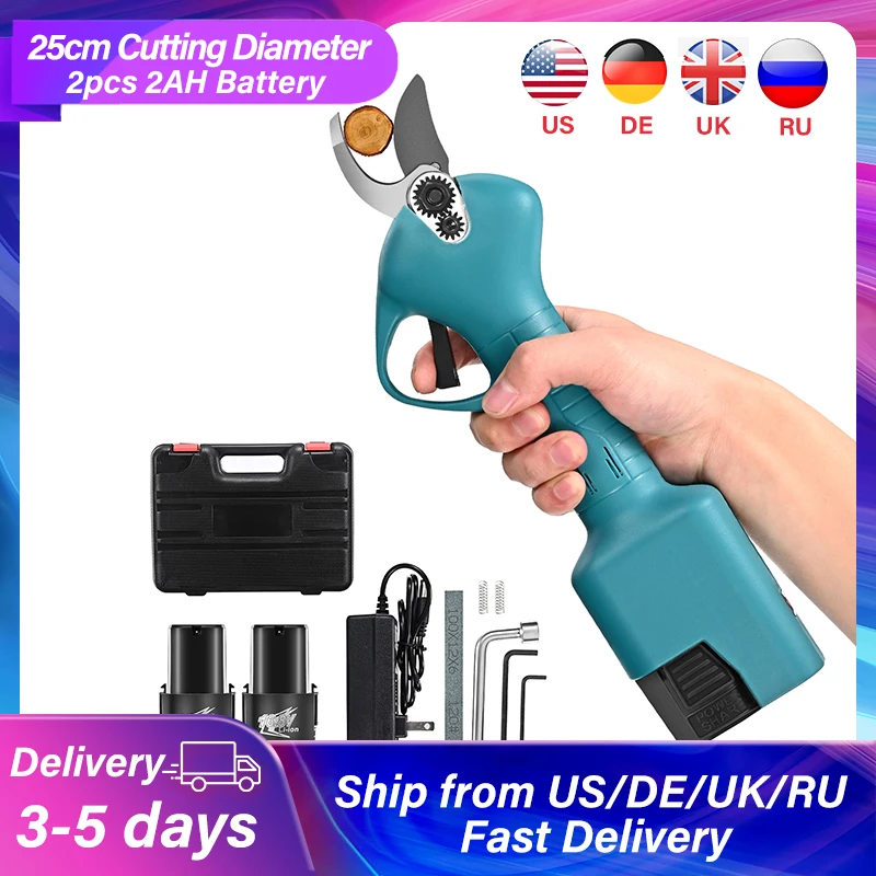 110V-240V Cordless Electric Pruning Shears Hedge Trimmer Pruner 25cm Cutting Diameter Tree Branch Garden Tool Kit 2pcs Battery