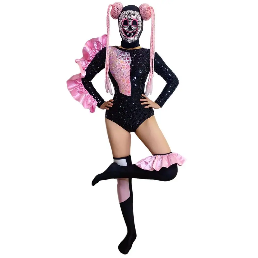 

Halloween Dress up Party Women's Clothing Festival Outfits Pink Black Rhinestone Bodycon Bodysuit for Women Club Bar Stage Dance