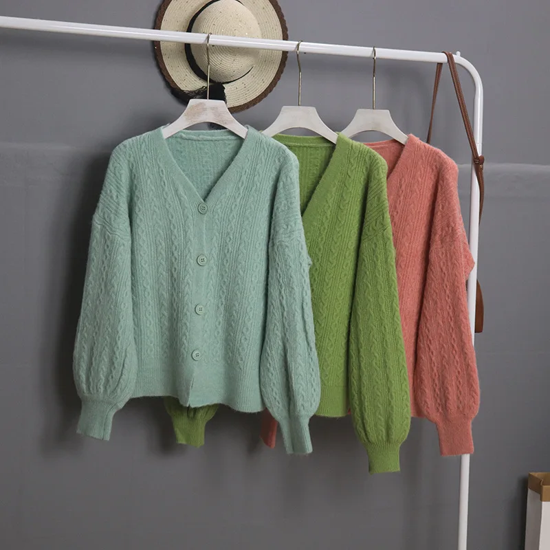 Autumn and Winter Short Thick Needle Linen Twist cardigans women Loose Lantern Sleeve Sweater Lazy Wind Knitted Cardigan Coat