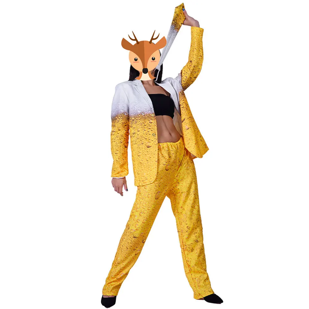 Traje de Oktoberfest para hombre y mujer, traje de Cosplay de cerveza, conjunto de chaqueta y pantalones de manga larga amarillo, disfraces de actuación de escenario de Carnaval de Halloween