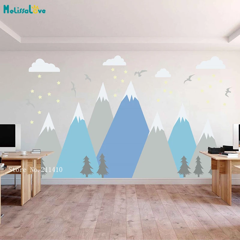 

The Birds Under Shining Stars Travel Freely Among Large Mountains Wall Stickers Nursery Decor With Trees Decals Vinyl YT5234