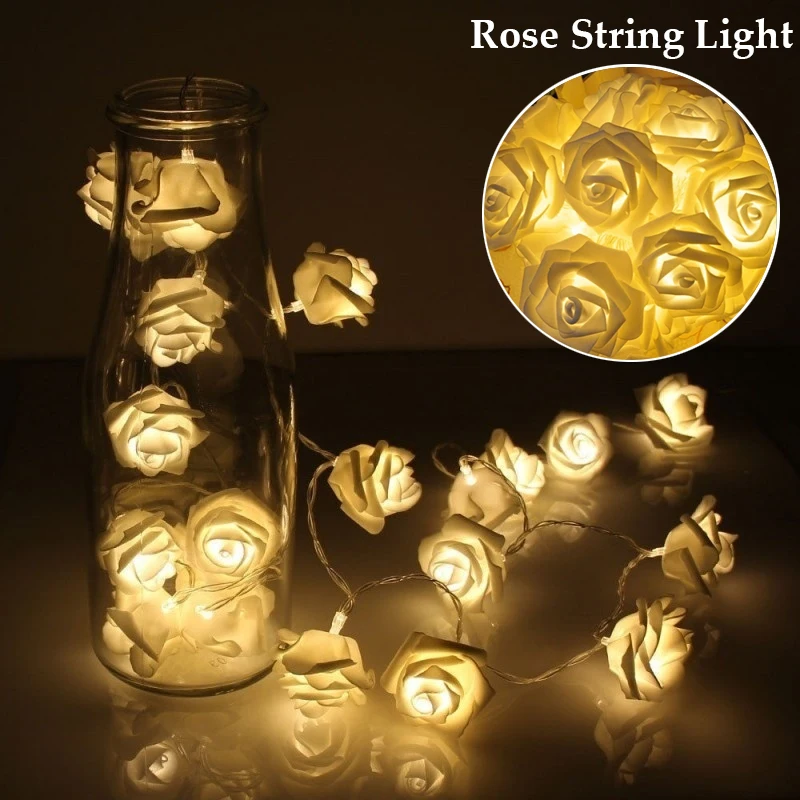 20 LEDs Rose Flower Fairy String Lights Battery Powered Romantic Floral Lamp Wedding Valentine's Day Event Party Garland Decor