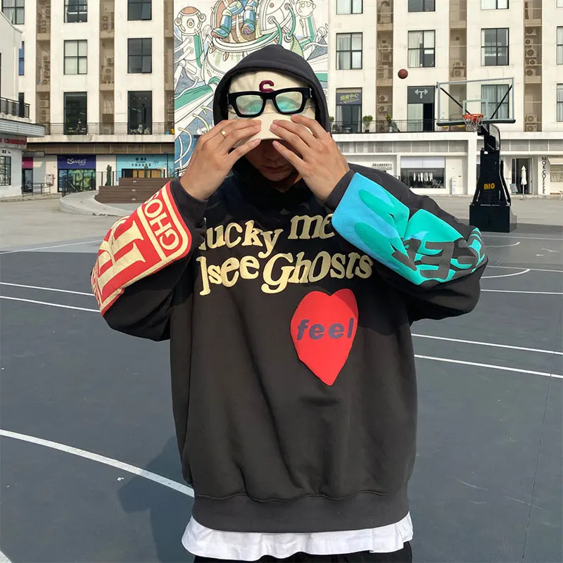 Sudaderas con capucha con letras impresas de Graffiti para hombre, ropa de calle de lana Harajuku, Hip Hop, Lucky Me I See Ghosts, 2021