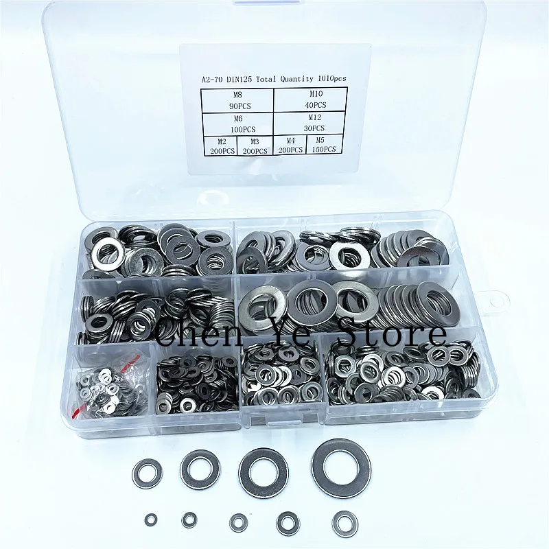 

1010pcs Flat Washer Set Stainless Steel M2 M3 M4 M5 M6 M8 M10 M12 Ring Gaskets Kit Plain Washers Metal Washer Assortment Kit