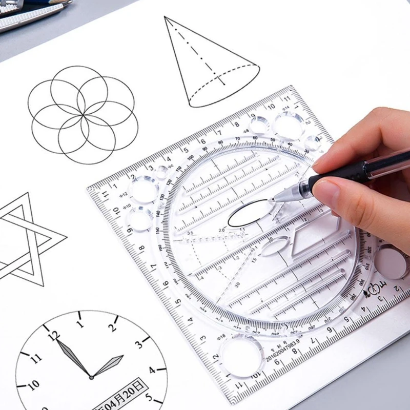 Multifunctional Drawing Ruler, Springhall Angle and Circle Maker Drawing Geometric Drawing Template Measuring Ruler Multipurpose