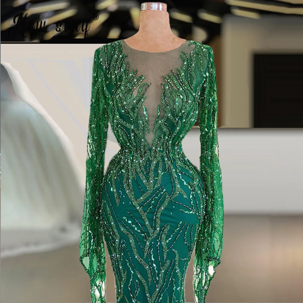 Green Luxury Long Sleeve Mermaid Evening Dress Sparkly Beads For Women Wedding Party Moroccan Kaftan Muslim Prom Gown Customized