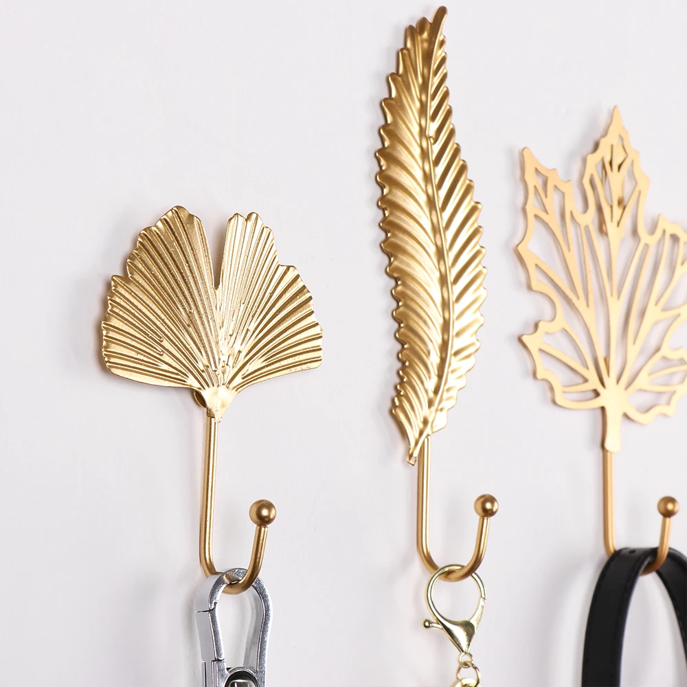 Nordic Leaf Shape Hook Creative Gold/Green Coat Rack Adhesive Holder Wall Coat Key Hanger Free-Hole Home Wall Hanging Decoration