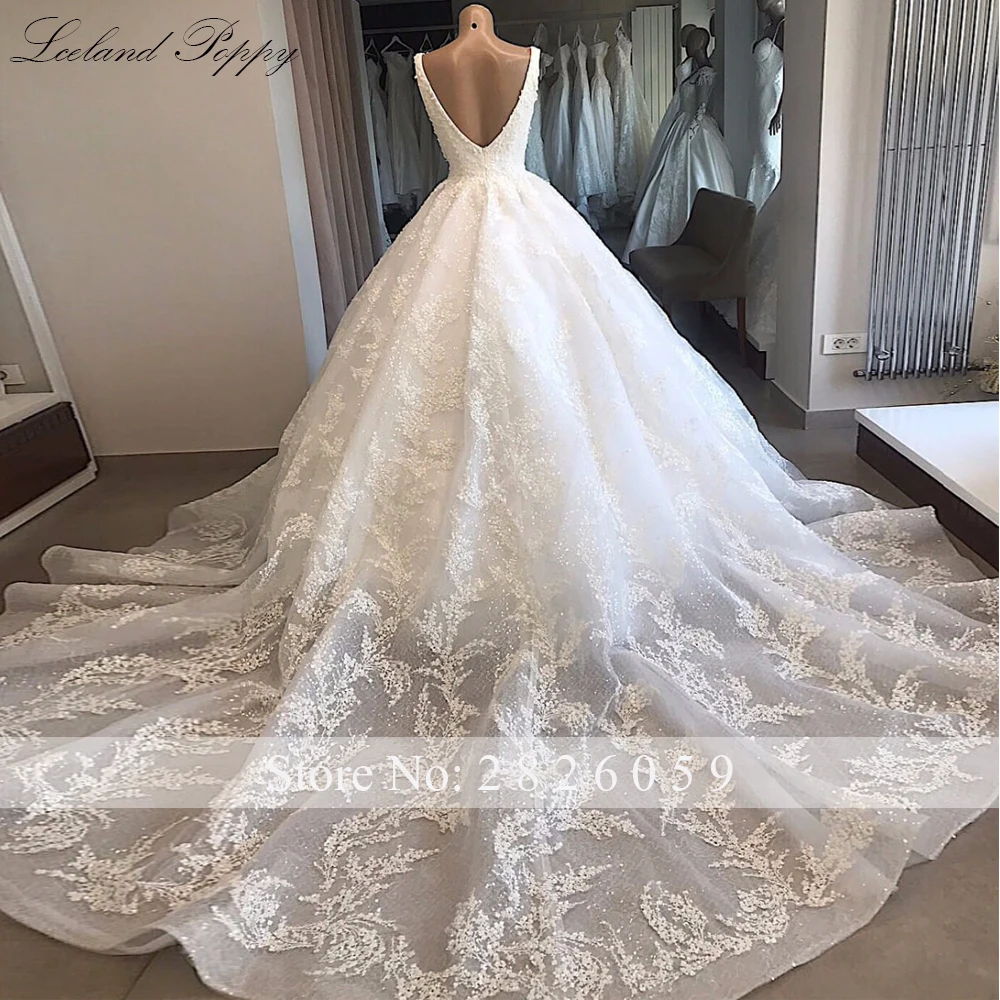 Lceland Poppy A-line V-neck Lace Wedding Dresses Sleeveless Sequins Beaded Backless Vestido de Novia Long Bridal Gowns