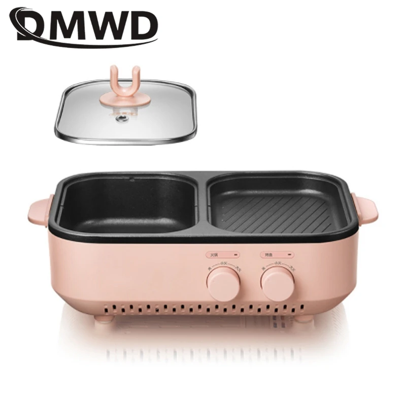 DMWD Household Baking Pan Electric Frying and Roasting Pan 1L Hot Pot Barbecue Grill Baking Machine Multicooker Smokeless 220V