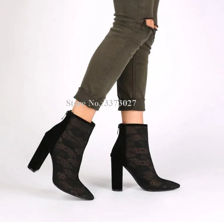 Botas cortas de tacón grueso para mujer, botines de estilo Gladiador, con malla de retales, puntiagudas, talla grande