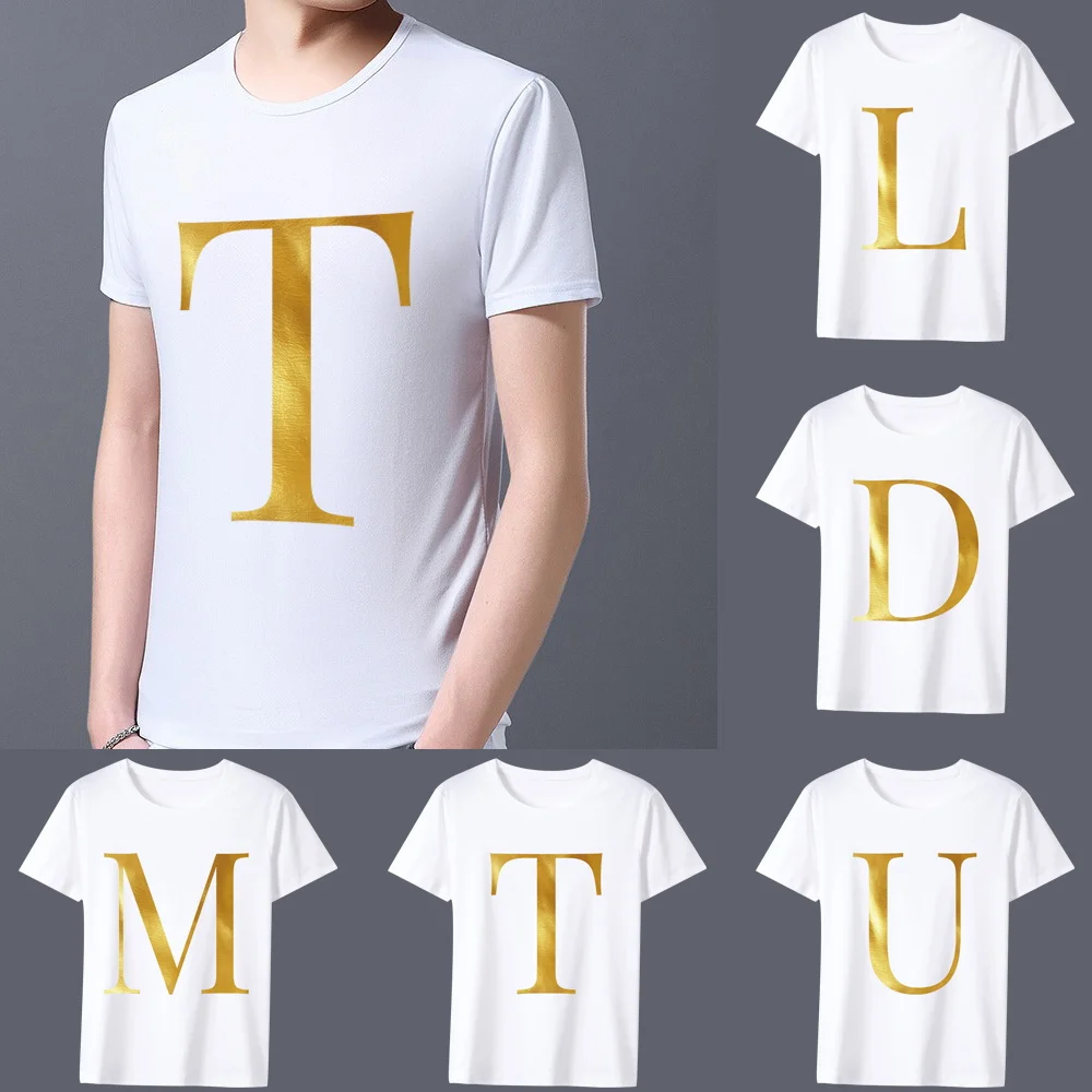 Men's All-match T-shirt Gold Printing 26 English Alphabet Series O-neck Casual Commuting Comfortable Men's Slim White Soft Top