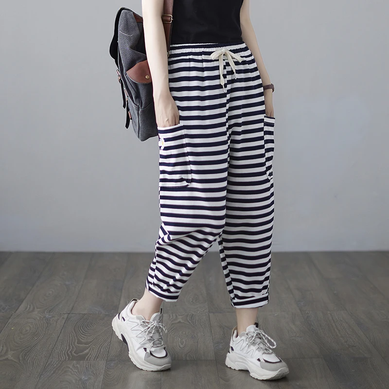 

Summer Stripe Thin Sweatpants Women Korean Version Embroidery Daisy Casual Loose Pockets Drawstring Lady Calf-Length Harem Pants