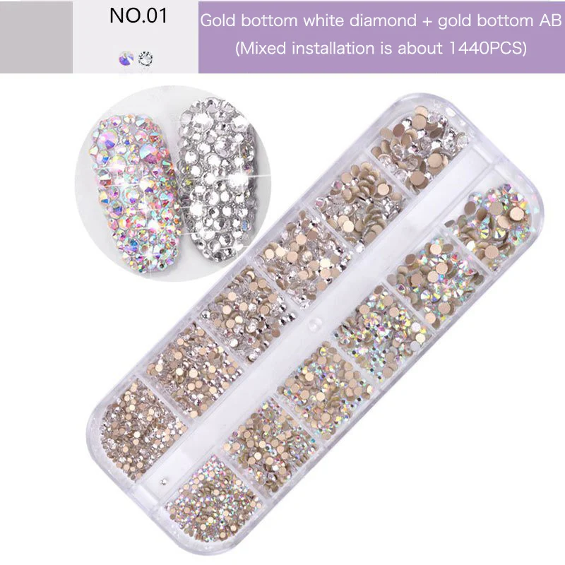 12 Dozen/Set Crystal Ab Rhinestone Diamant Gem Plaksteen Glas Steen 3D Glitter Nail Art Decoratie Beauty Kit