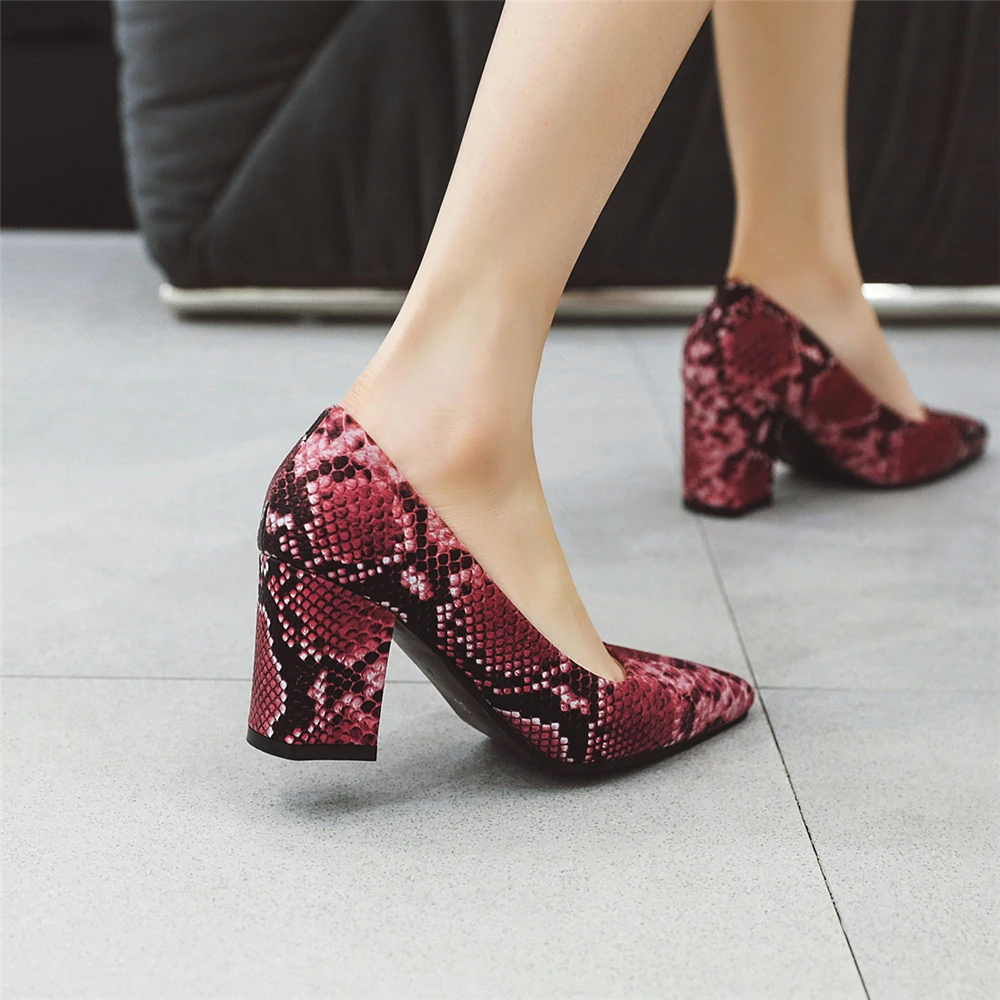 2024 Spring Shoes Woman Pumps 7CM Snake Print High Heels Pointed Toe Split Leather Beige White Red Blue Shoes Square Heels Women