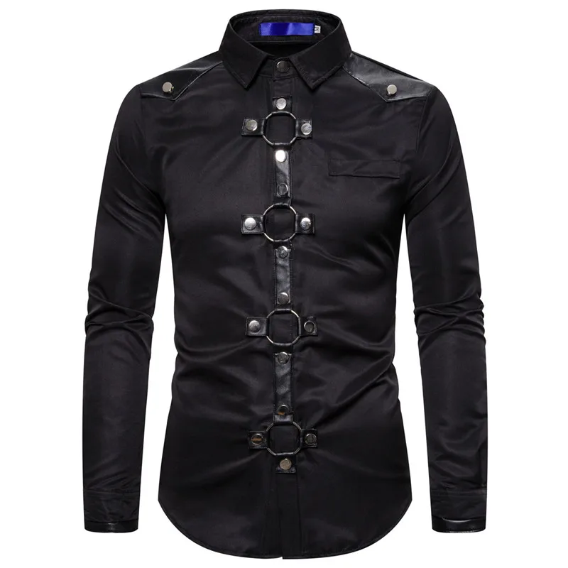 New Men Goth Style Rivet Solid Color Cargo Shirt Slim Fit Party Stage For Men Clothing