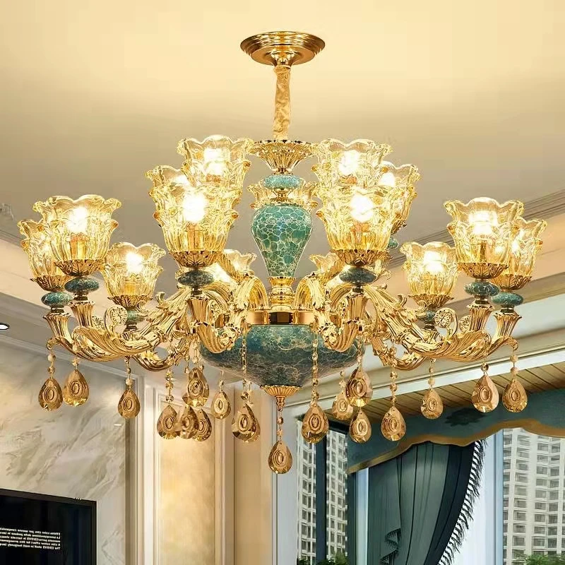 European Chandelier Luxury Living Room Restaurant Lamps Zinc Alloy Bedroom Lights Atmospheric Household Ceramic Crystal Fixture