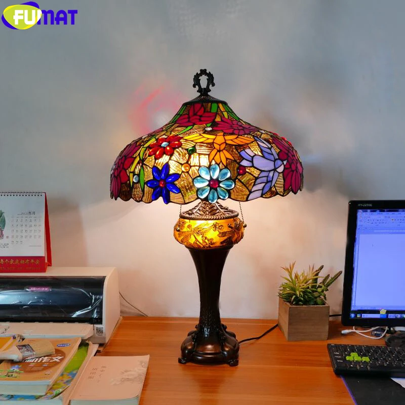 

FUMAT Tiffany Style Lash Art Desk Lights Handcraft Decor Table Lamp Bird Flower Fruit Colorful Stained Glass 18 Inch Lampshade