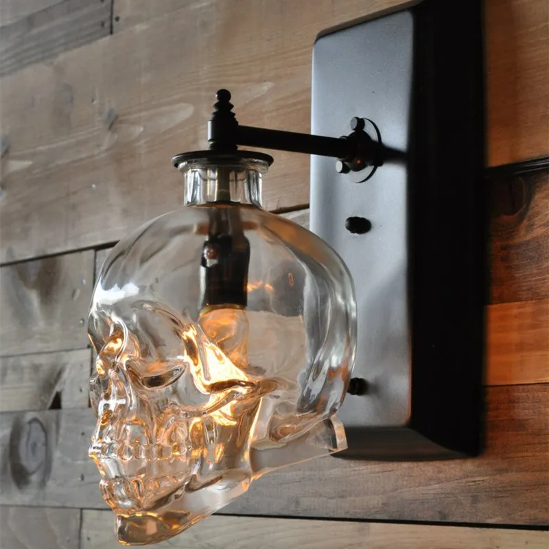 Vintage Wall Lamp Industrial Loft Decoration skull lamp Bedside Lamp Loft Bar Restaurant Rustic Black Glass Sconce Wall Lights
