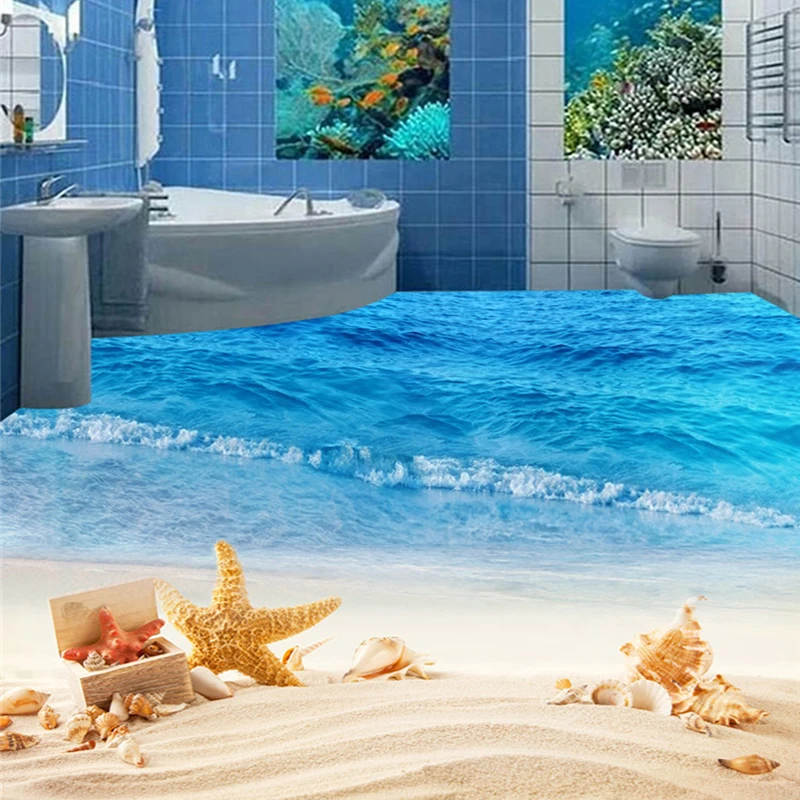Custom 3D Floor Mural Wallpaper Sea Wave Beach Photo Sticker Wall Decals Bathroom Living Room PVC Self Adhesive Floor Painting