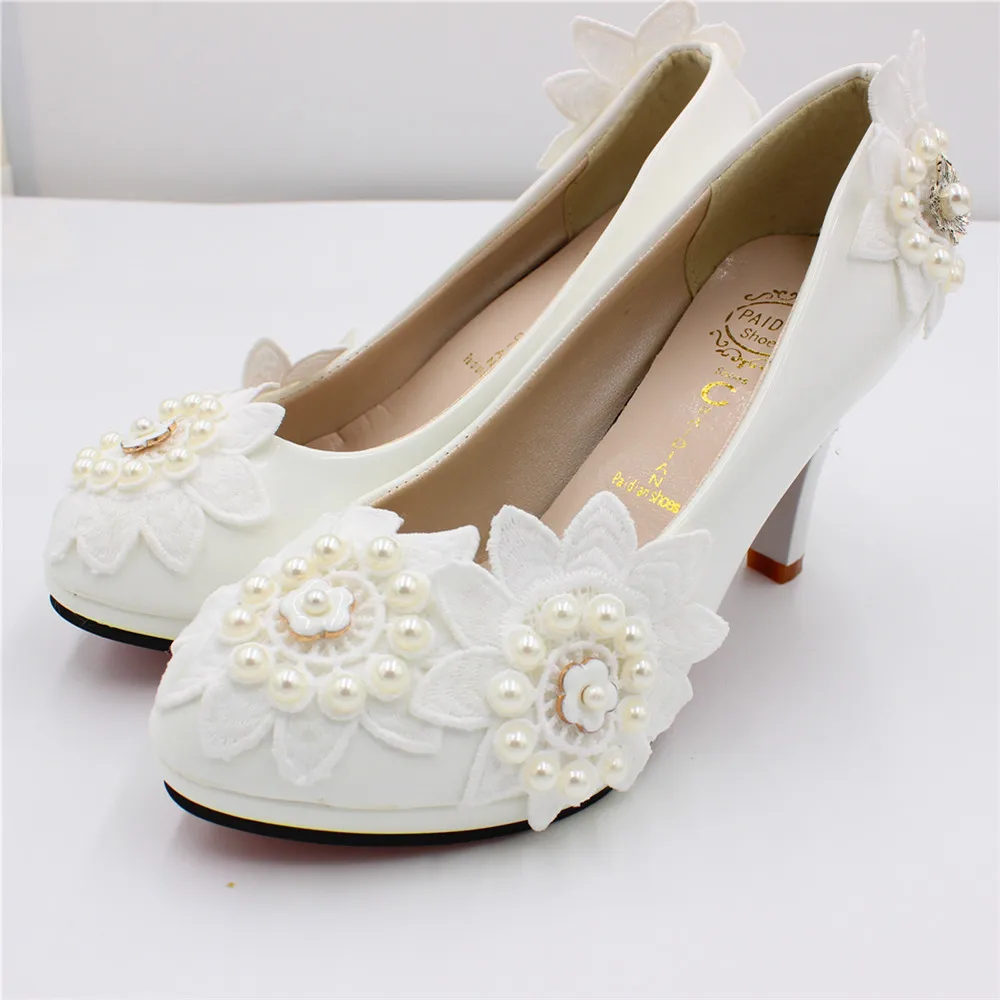 Spring New Ladies' High Heel Women's Shoe Large White PU Lace Wedding Shoe Waterproof Bridal Shoe BH173