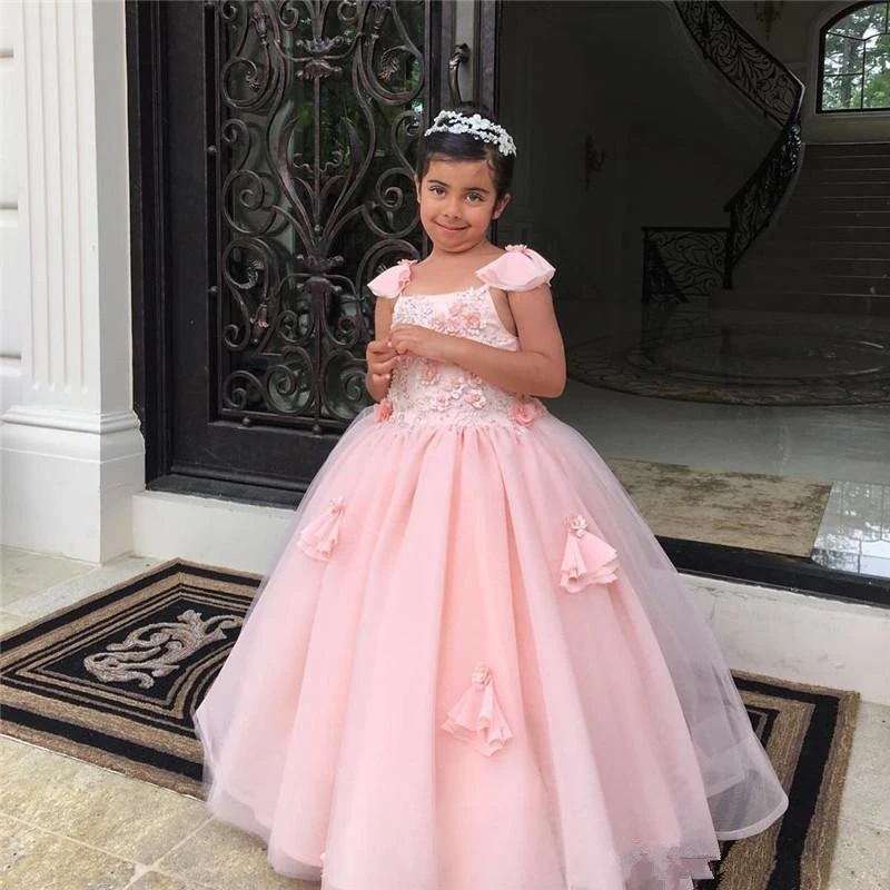 

New Lace Flower Girl Dresses Pageant With Blush Pink Applique A Line Sheer Neck Sweep Train Teens Birthday Party Communion Gowns