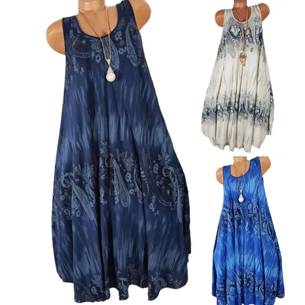 Hot Sales!!! Women Summer Floral Print Round Neck Sleeveless Loose Pleated Plus Tank Dress