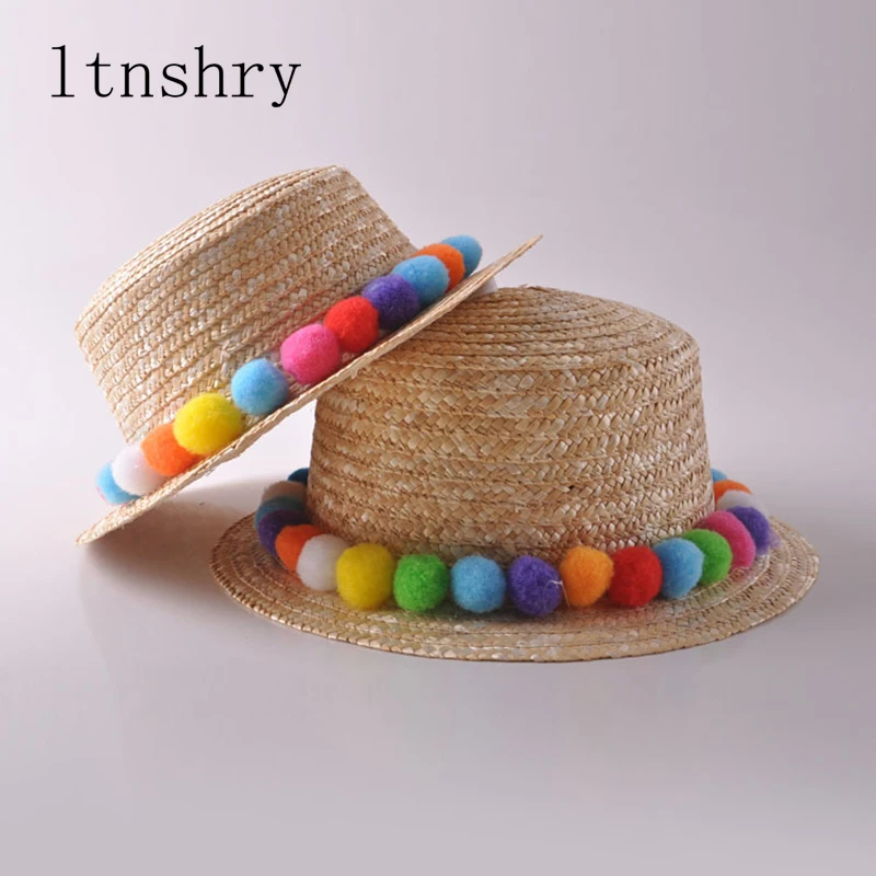 

Summer Seven Rainbow Colored Plush Ball Fashion Women's Sun Hats Hawaiian Vacation Leisure Sentiment Lovely Fresh Straw Hat