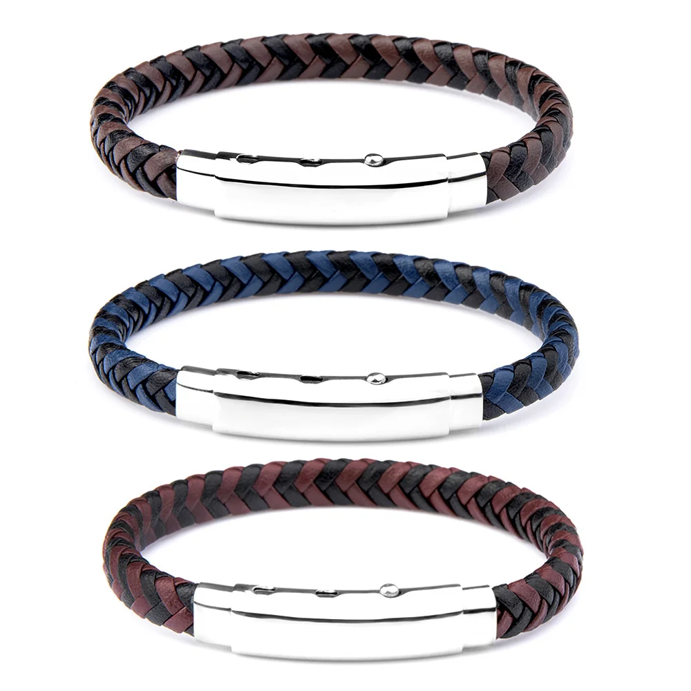 Chanfar Genuine Leather Bracelet For Men Blue Brown Braided Rope Bracelets For Male  Stainless Steel Hidden Safety Clasp Bangles