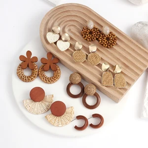 Aensaa Boho Made by Handmade Geometric Wood Rattan Brakthre 8 Main Ethnic Earrings Sales - №2