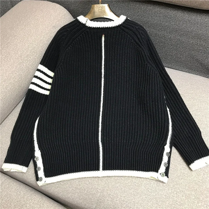 Style College Striped Womens Pullover Cuff Button Decoration Fashion Female Wool Sweaters Raglan Sleeves Fashion Strips Knitting