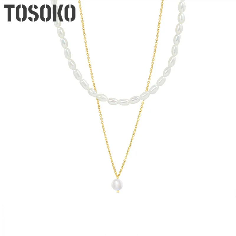 

TOSOKO Stainless Steel Jewelry Freshwater Pearl Natural Growth Double Layered Stacked Necklace Women's Elegant Necklace BSP079