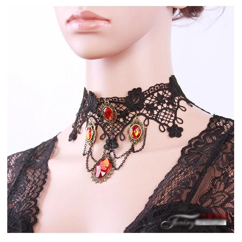 Fashion Tassel Punk Style Gothic Choker Necklace Red Rhinestone Charms Vampire Maxi Necklace Vintage Tattoo Lace Pendant Wedding