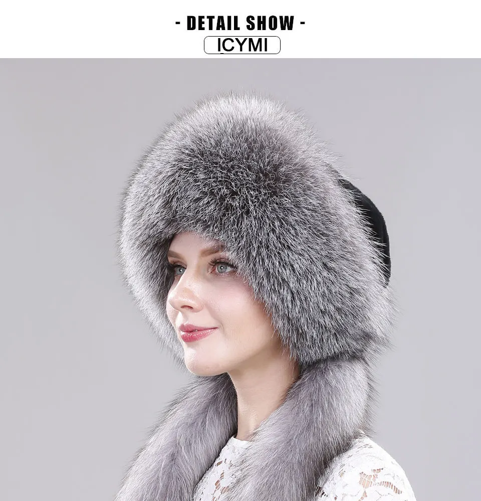 Echte Fuchspelzmütze mit Kaninchenfell-Oberteil, Wintermützen für Mädchen mit langen Pompons, Russische Trappermützen, Bombermützen, Bonnets für Frauen – Detail 13