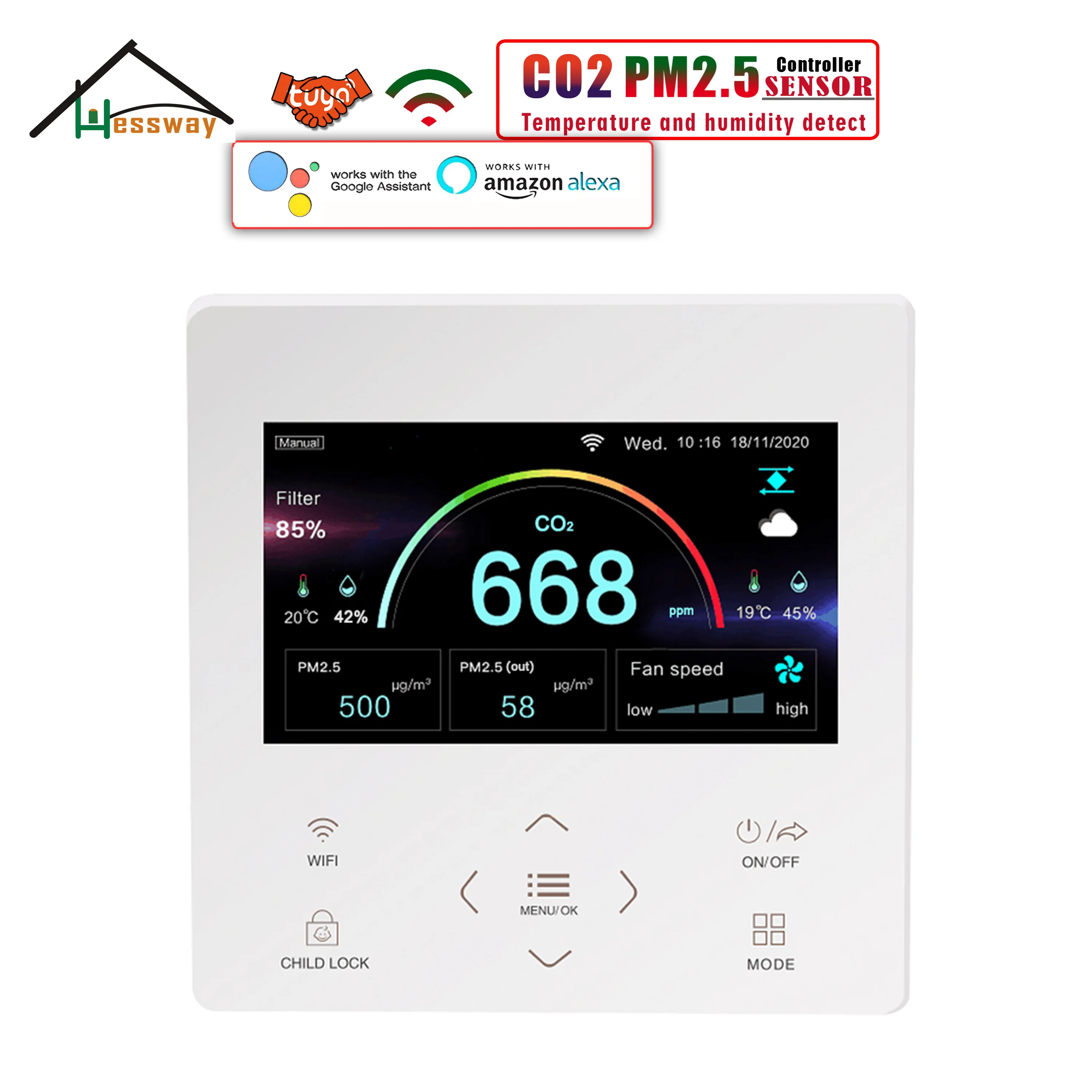 Imagem -03 - Hessway-sensor de Qualidade do ar Wi-fi Modbus Monitor Pm2.5 e Co2 Interior e Exterior ac 010v Saída do Ventilador Pwm