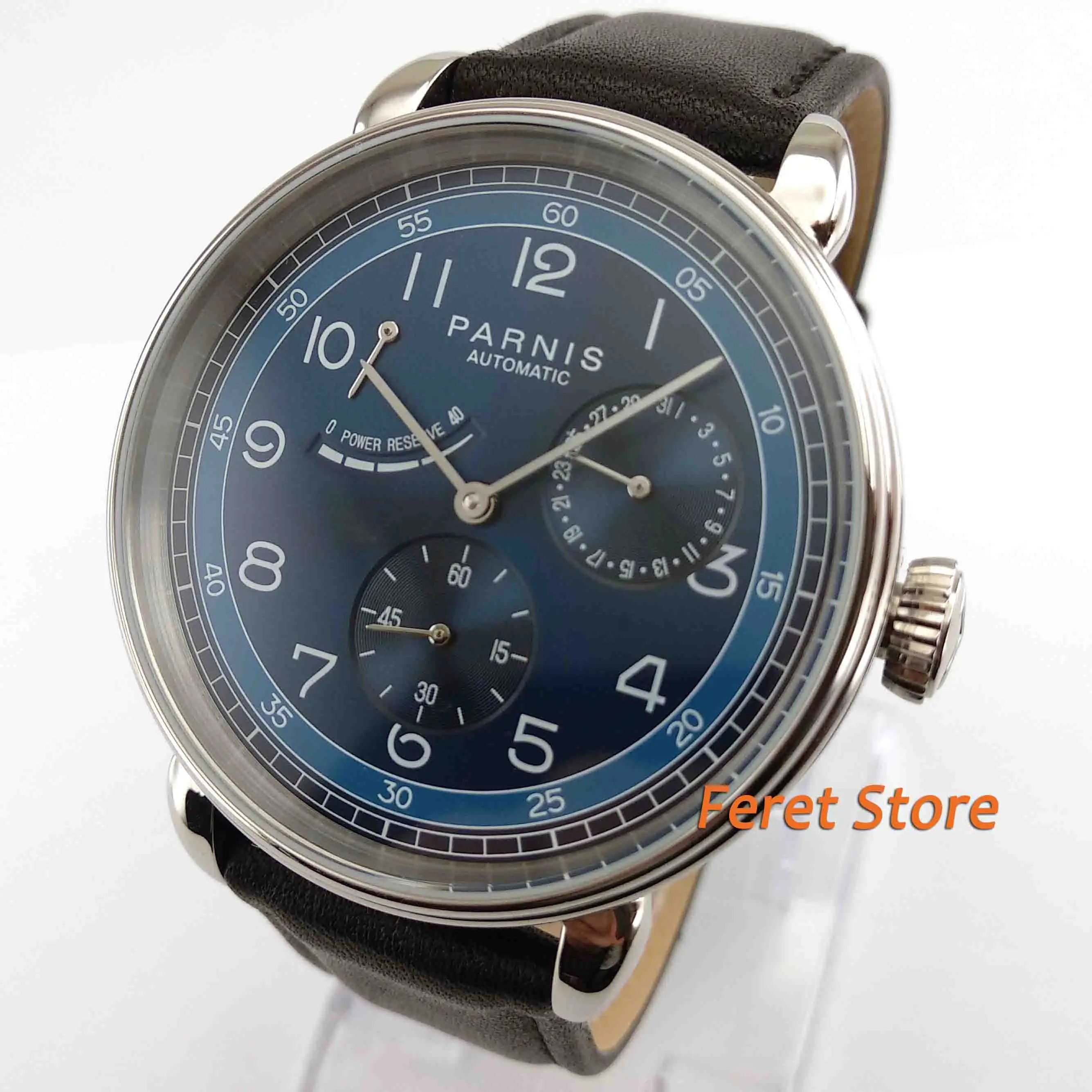 42mm PARNIS blue dial Black leather strap steel case Sapphire glass Classic Power Reserve Indicator automatic mens watch