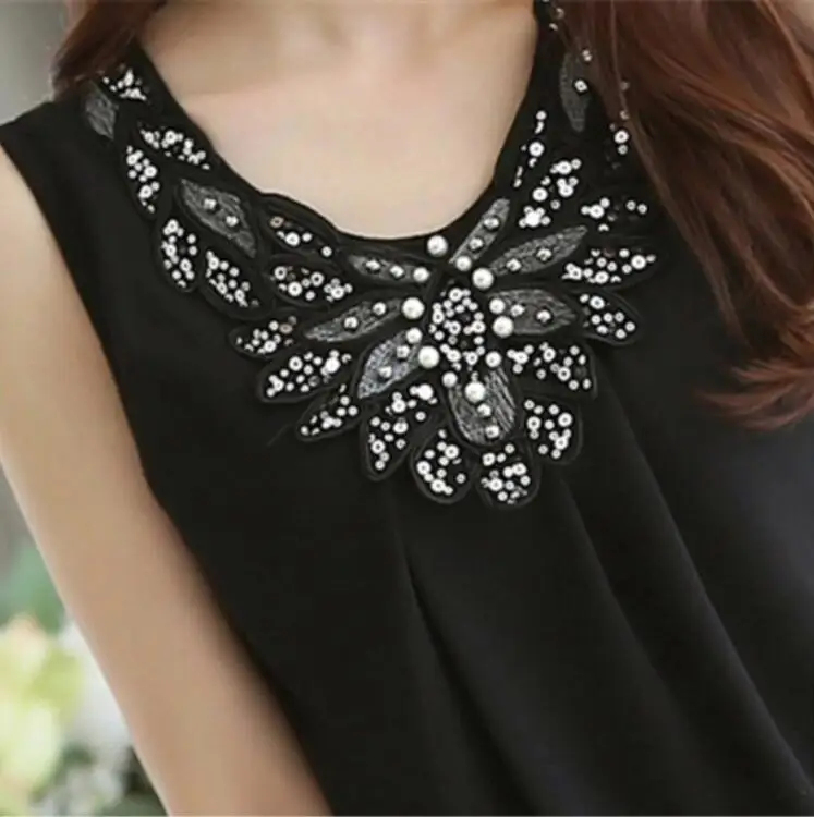 New Women Sleeveless Chiffon Blouse Diamond Folding Casual Lace Crochet Stitching White shirts Plus size S-6XL