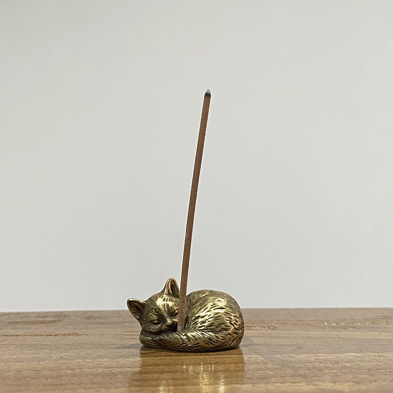 Vintage Brass Cute Cat Pocket Incense Holder Small Tea Pet Ornament Animal Pussycat Figurines Miniatures Desk Decorations Gifts