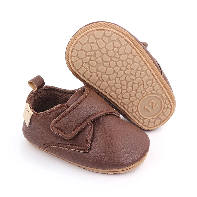 2023 New Baby Shoes Girl Boy PU Leather Rubber Soft-Sole Non-slip Hook Loop Infant Toddler First Walkers Moccasins 0-18 Month