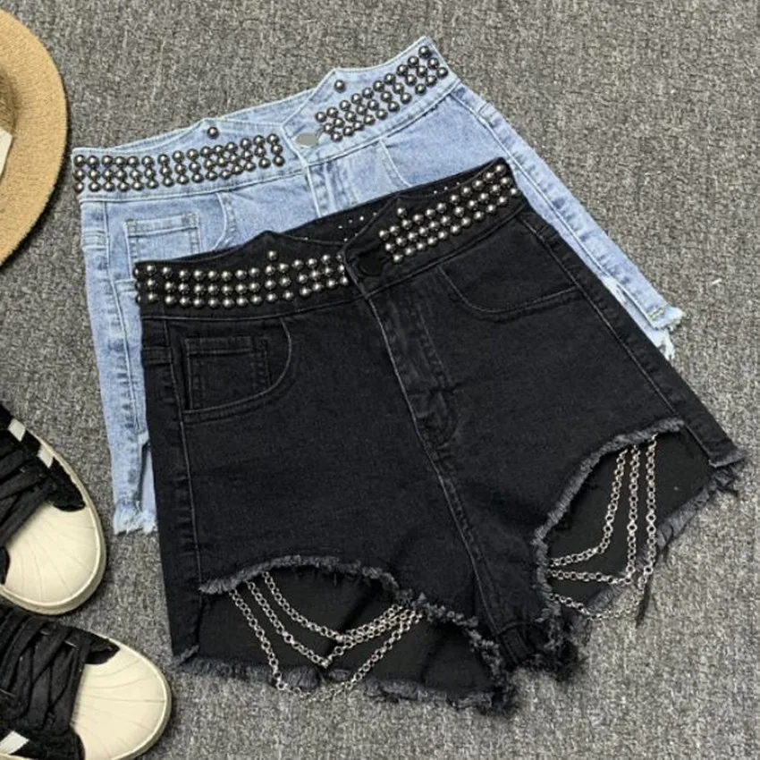 

2023 Summer fashion rivets denim shorts women high waist chain tassel jeans shorts