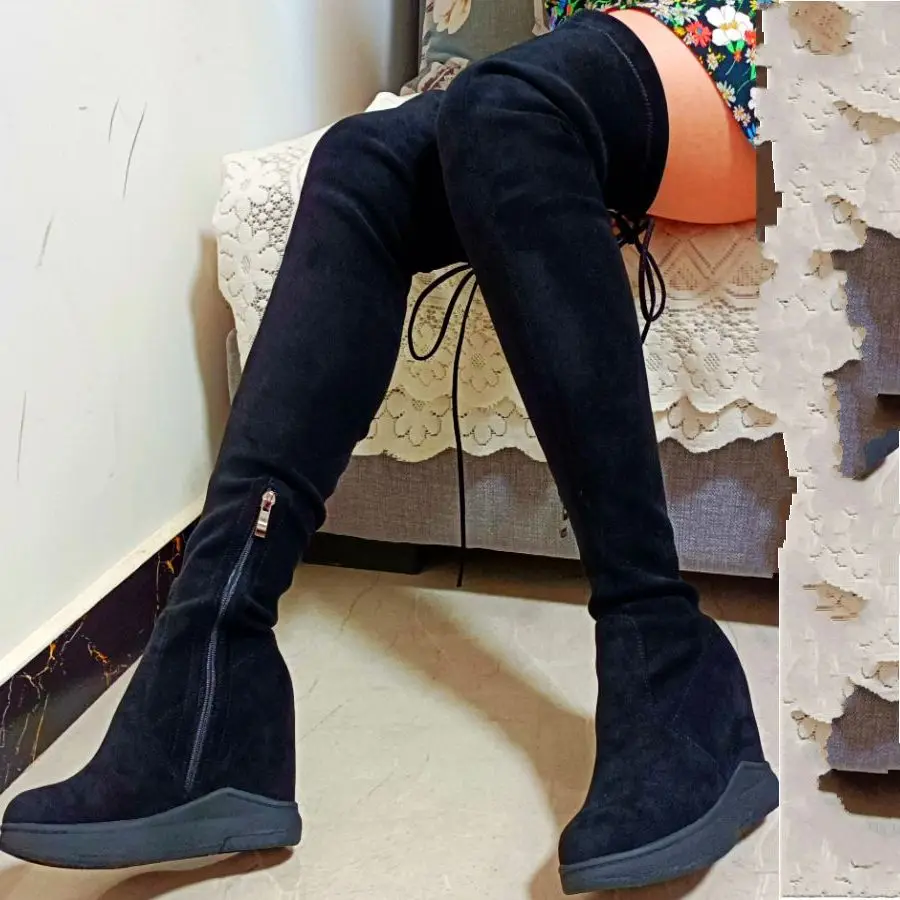 Plus size EUR34-46 Thigh High Fashion Sneaker Women Stretchy Over the Knee Tall Boots Platform Wedges High Heel Pumps