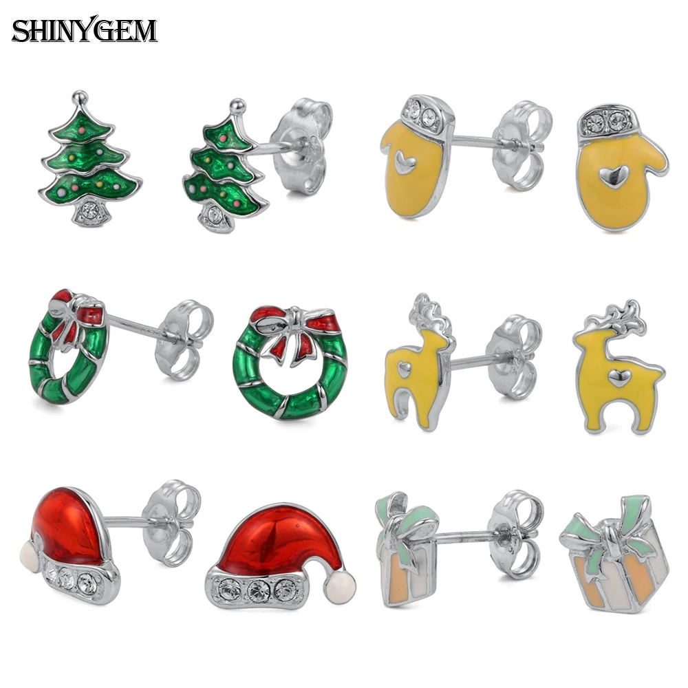 Trendy Cute Delicate Christmas Tree/Wreath/Elk/Santa Hat/Gloves Stud Earrings For Women Girl Beautiful 925 Silver Jewelry Gift