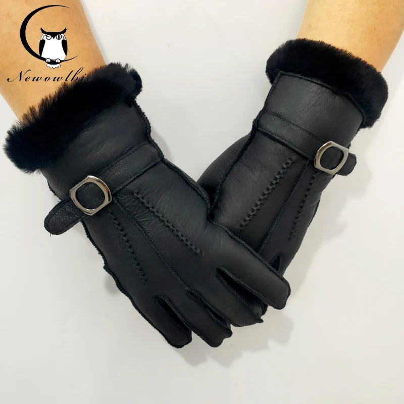 Leather Fur Sheepskin Gloves Fashion Women Winter Autumn Warm Thermal Wool Fleece Snow Mittens Outdoor Five Finger Wrist Gloves