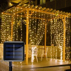 Luces de cadena de cortina solar mejoradas Decoración navideña 2023 Novedades 3M * 3M Festoon Fairy Light Año Nuevo 2024 Guirnaldas de calle para boda / fiesta / interior / Navidad / jardín / decoración callejera