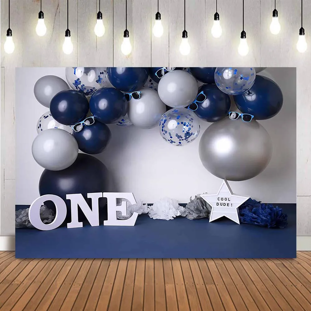 Cool dude cake smash 1st birthday boy photo booth backdrop dark balloons first newborn kids portrait photocall background props