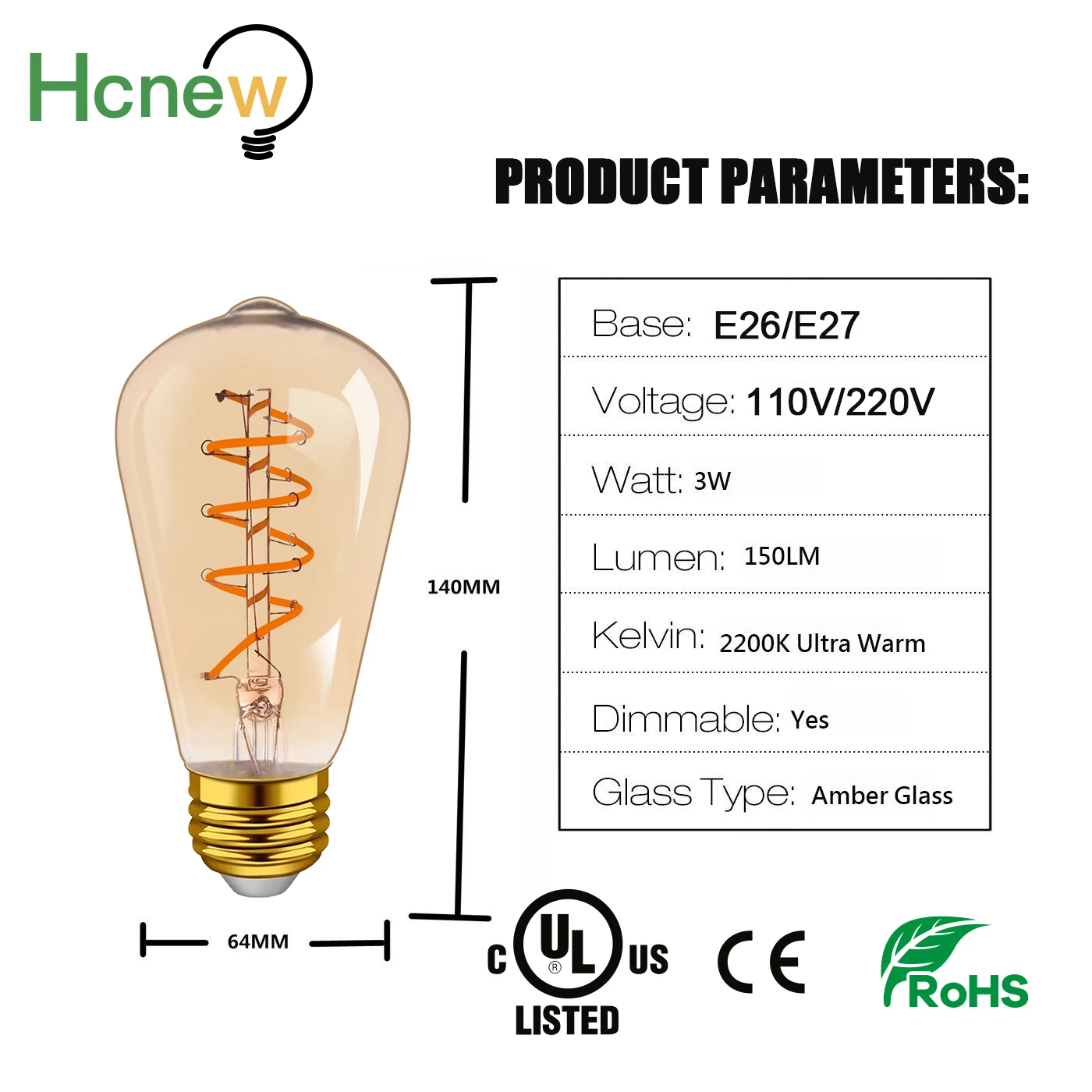 Hcnew-bombilla de filamento en espiral LED Retro, lámpara Edison Vintage, C35, C35T, G40, A19, T45, ST64, G95, T20L, 4W, blanco cálido, 220V, E14,