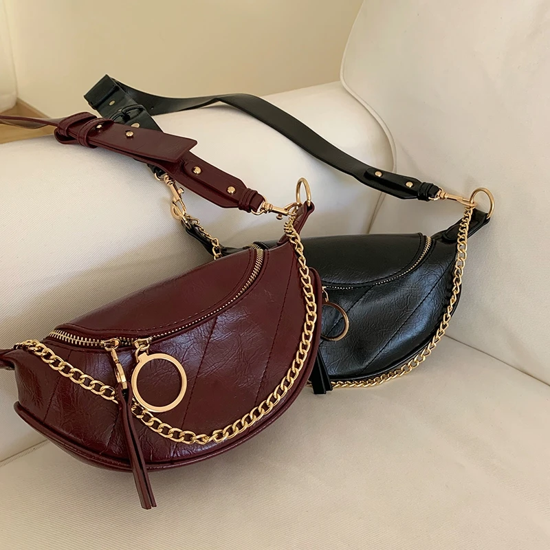 Fashion Quality PU Leather Chain Crossbody Bags For Women Small Shoulder Messenger Bag Lady Waist Bag Travel Handbags and Purses