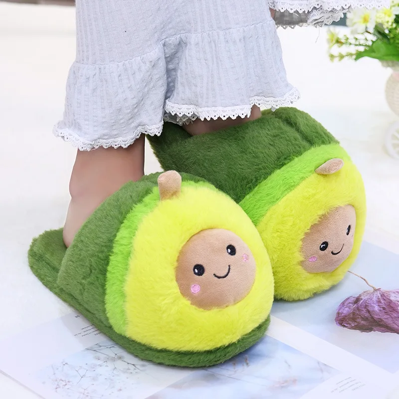 Plush Avocado Slippers Fruit Toys Cute Pig Cattle Warm Winter Adult Shoes Doll Women Indoor Household Products