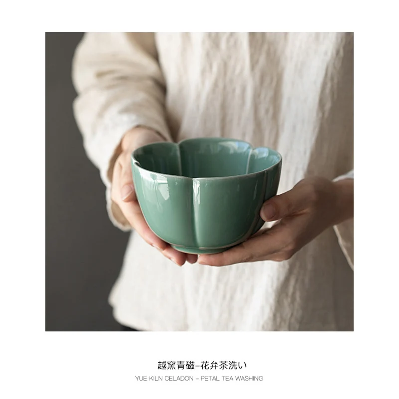 550ml Yue Kiln Celadon Tea Washing Bowl Handmade Flower Art Large Ceramic Tea Wash Bowl Household Kung Fu Tea Water Cup Jianshui