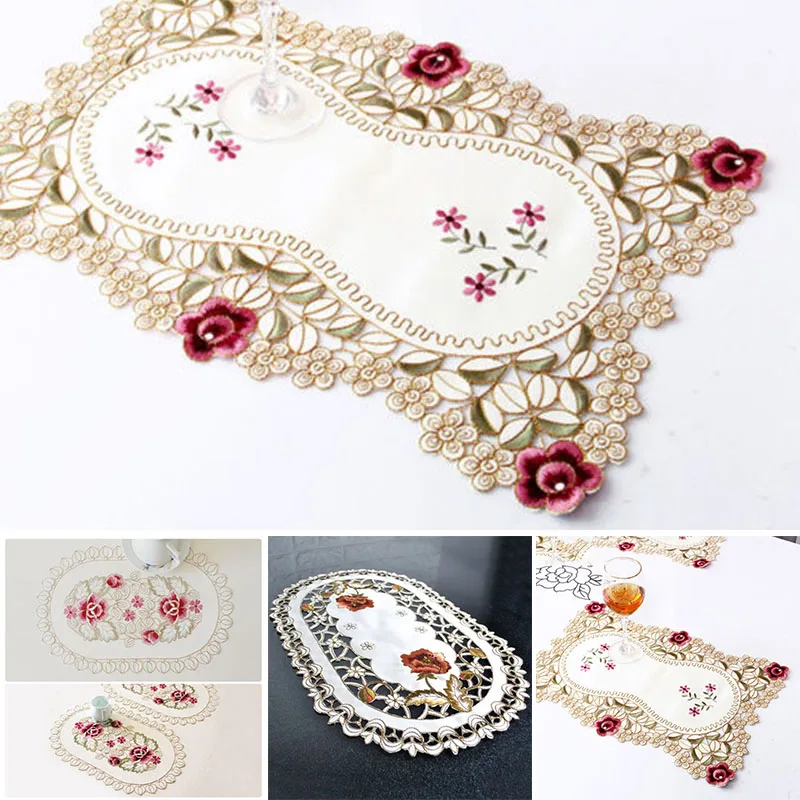 Home Dining Table Place Mat Vintage Embroidered Lace Fabric Placemat 30x45cm Floral Oval Table Cloth Placemat Home Tablecloth