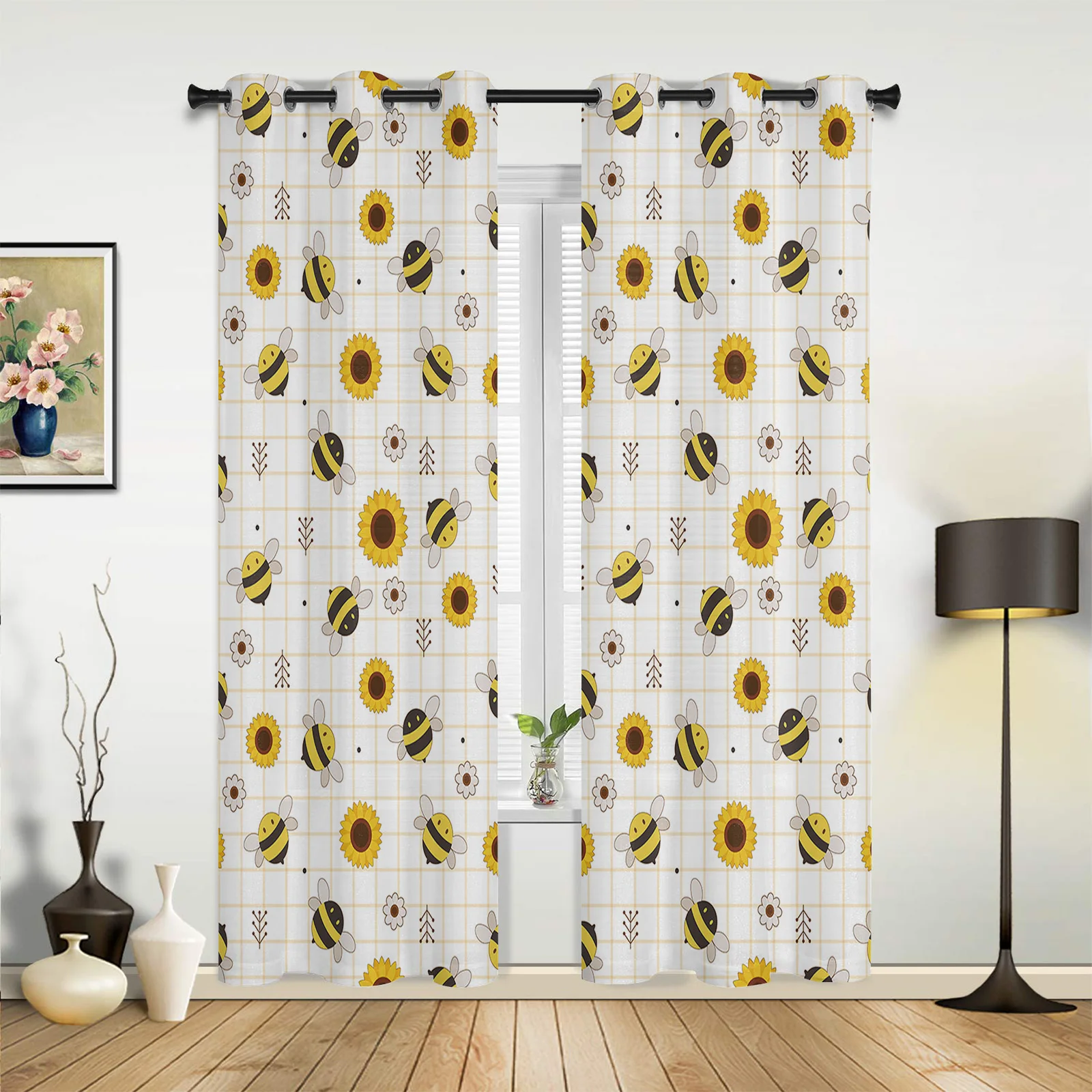 Cartoon Bee Sunflower Large Curtains For Living Room Window Curtain Bedroom Kitchen Balcony Gazebo Curtain Room Divider